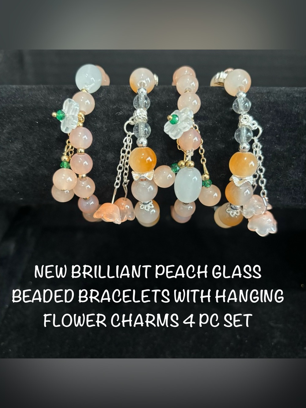 New Peach Glass Bead Bracelet Set with Flower Charms - 4 Piece Set